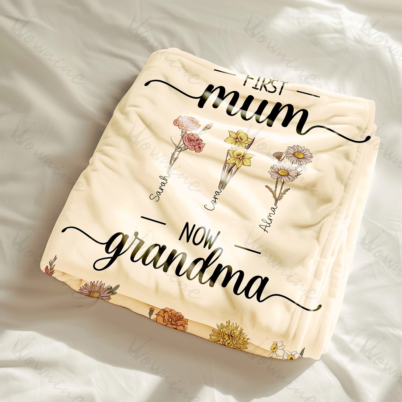 First Mom Now Grandma - Birth Flower Family Customized Blanket-Real-time preview