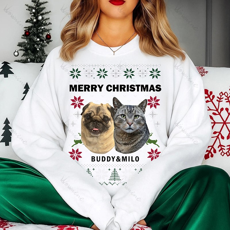 Custom Merry Christmas Pet Photo with Slogan Sweatshirt