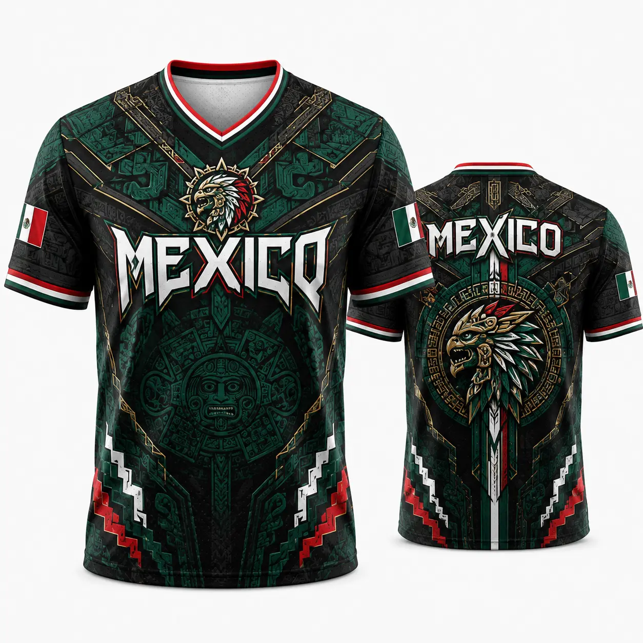 Men's Mexico Soccer Jersey 2026 – Aztec Calendar & Eagle Warrior V-Neck Fan Shirt