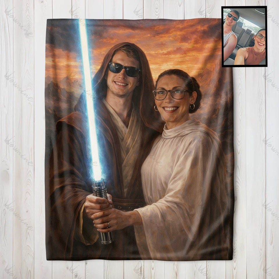Custom Lightsaber Galactic Hero Couple Family Portrait Blanket Gift