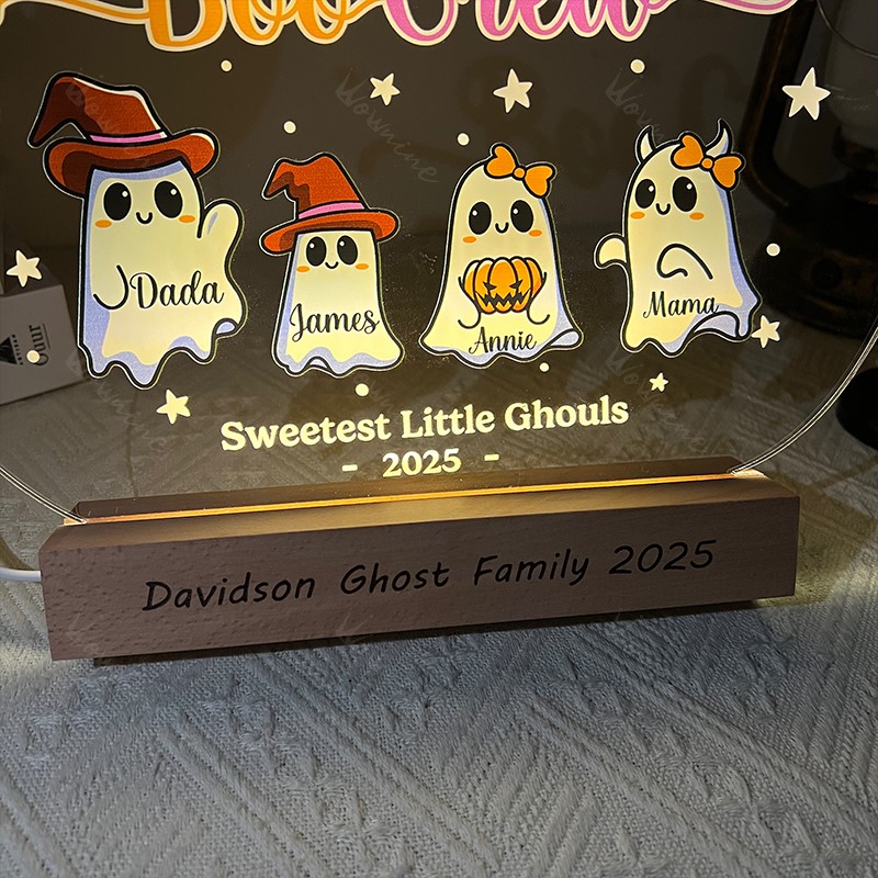 Custom Halloween Ghost Acrylic Light-Up Decor | Personalized Family Names & Wooden Base Text