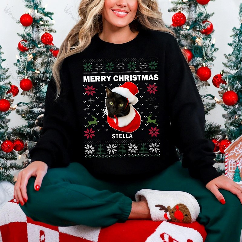 Custom Merry Christmas Pet Photo with Slogan Sweatshirt