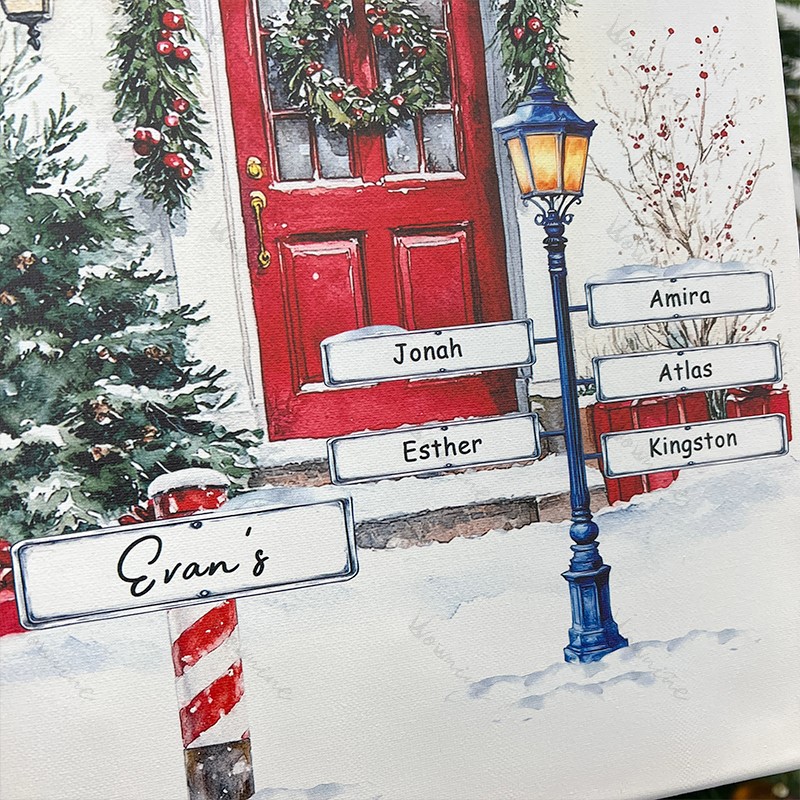 Custom Christmas Door Print Family Name Wall Art Winter Watercolor Canvas
