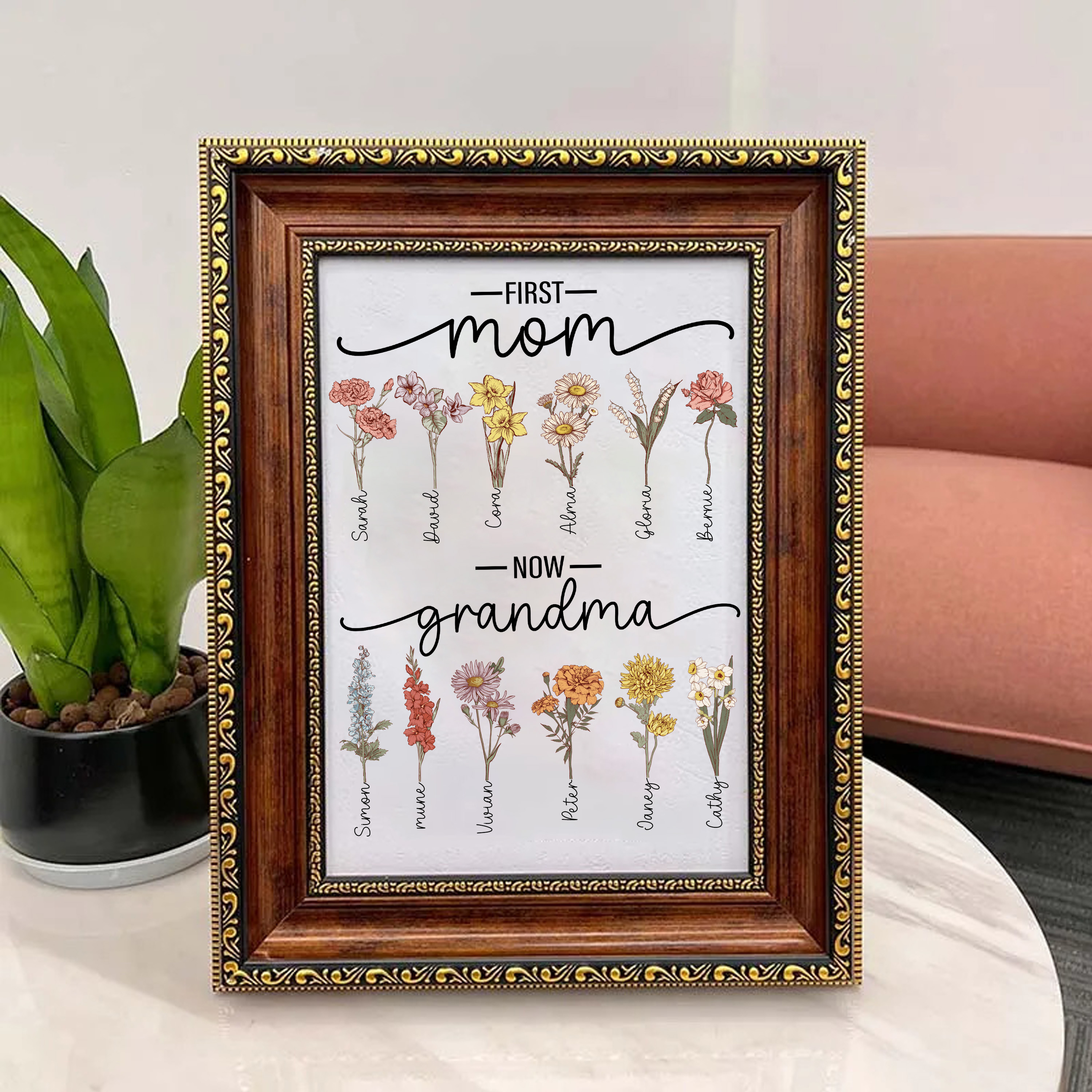 First Mom Now Grandma-Birth Flower Family Personalized Names Frame
