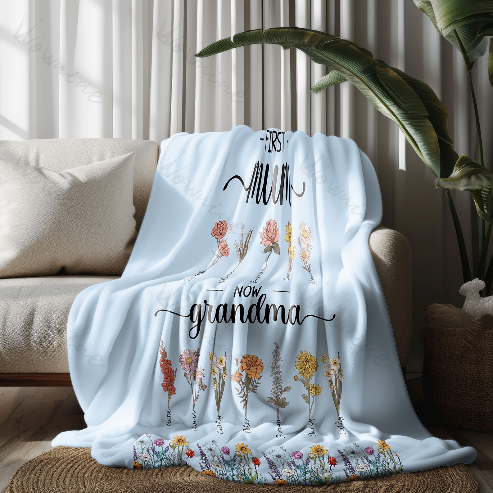First Mom Now Grandma - Birth Flower Family Customized Blanket-Real-time preview
