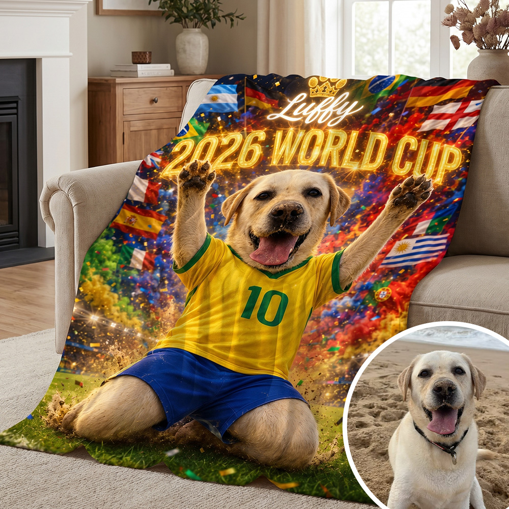 Custom Pet Portrait 2026 World Cup Football Printed Pet Name Team Blanket