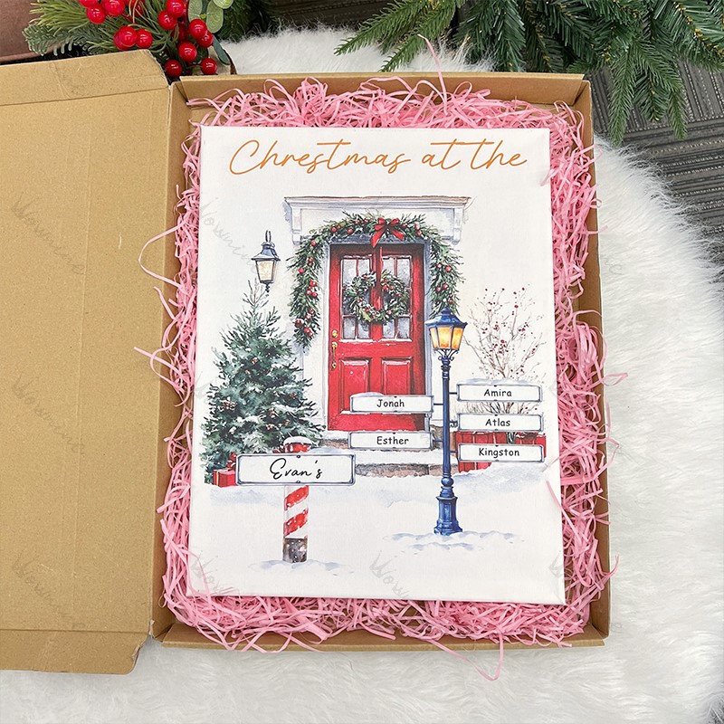 Custom Christmas Door Print Family Name Wall Art Winter Watercolor Canvas