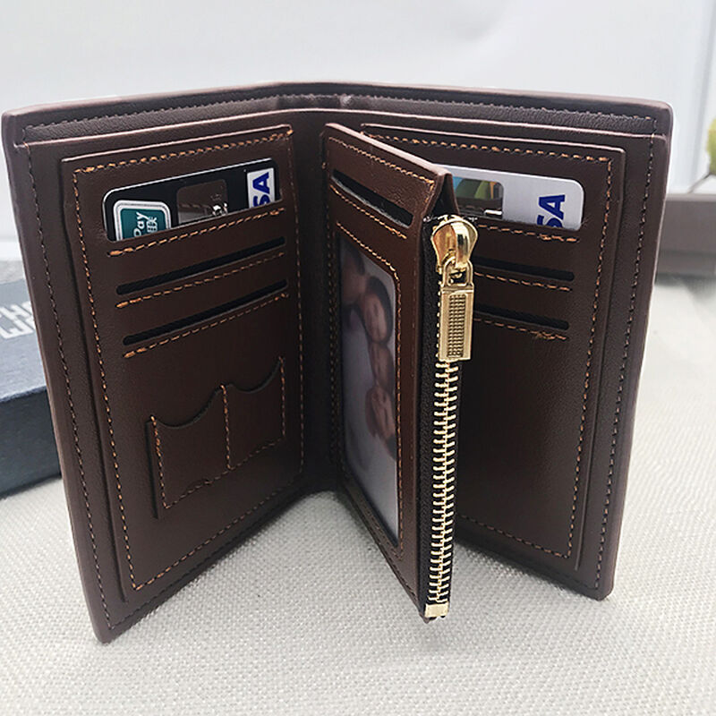 Double Faced Men's Vertical Trifold Wallet with Zipper Pocket