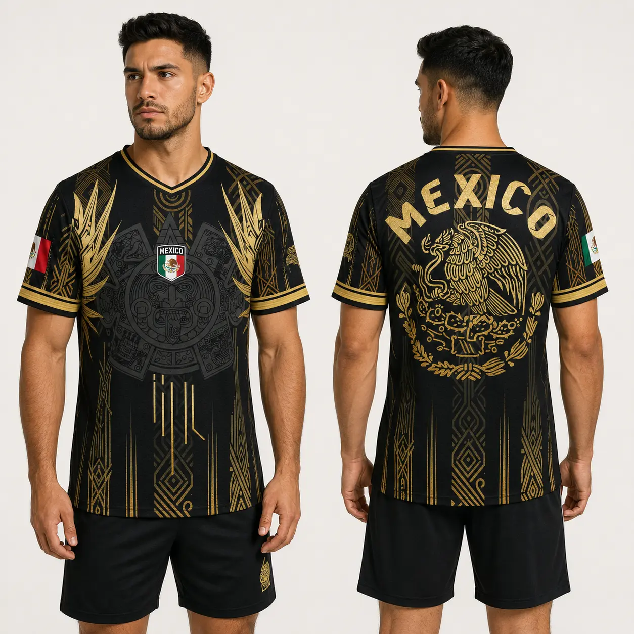 Men's Mexican Aztec Soccer Jersey - Black & Gold Mexico Football Top Game Day Apparel