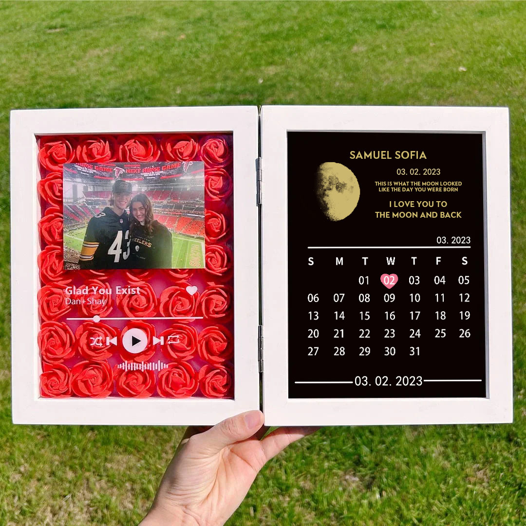 (Square With Song) Custom Flowers Frame with REAL MOON PHASE Anniversary Calendar
