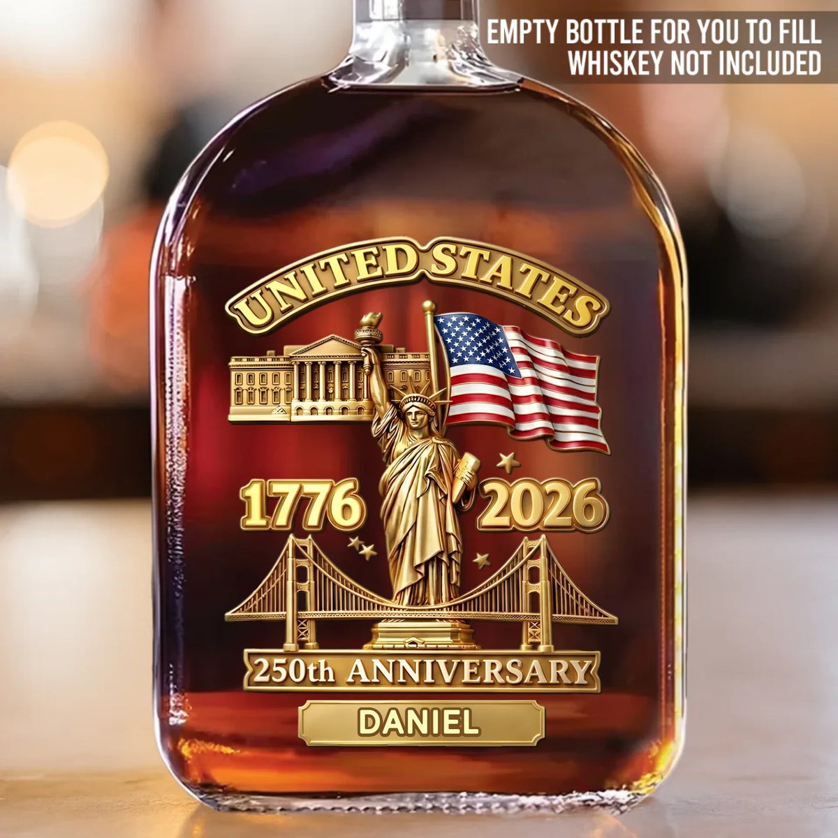 Custom America 250th Anniversary Whiskey Bottle – Personalized 1776–2026 Commemorative Gift for Men & Women