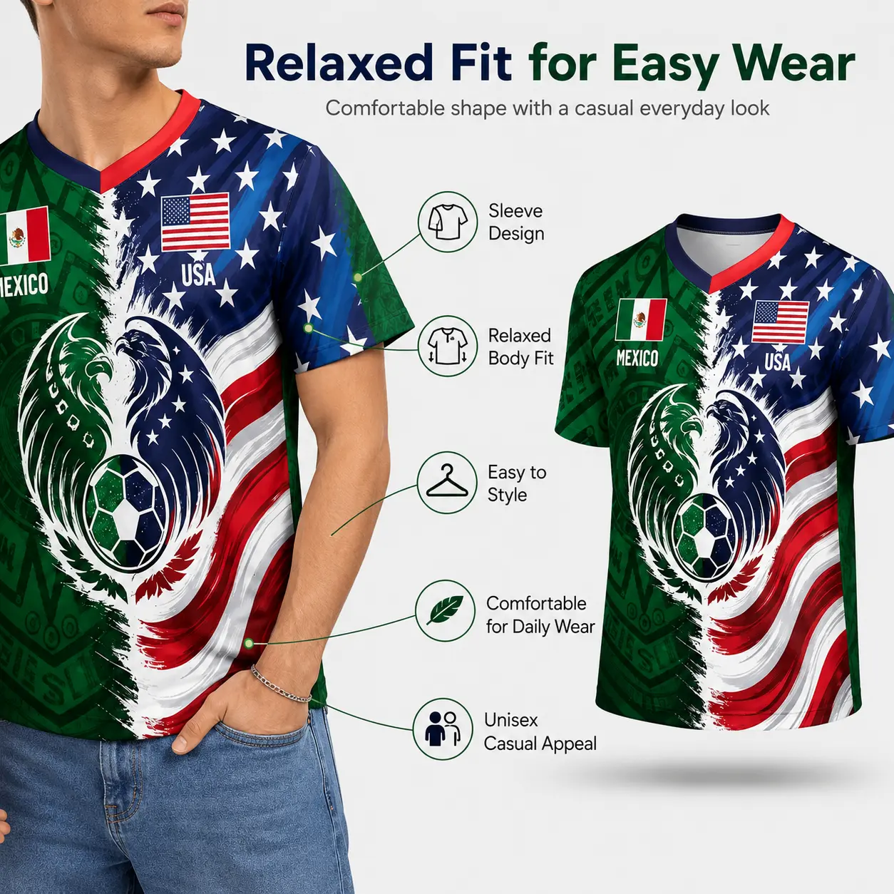 Mexican American Dual Heritage Split Jersey – Stars, Stripes & Aztec Tribal Soccer Athletic Shirt