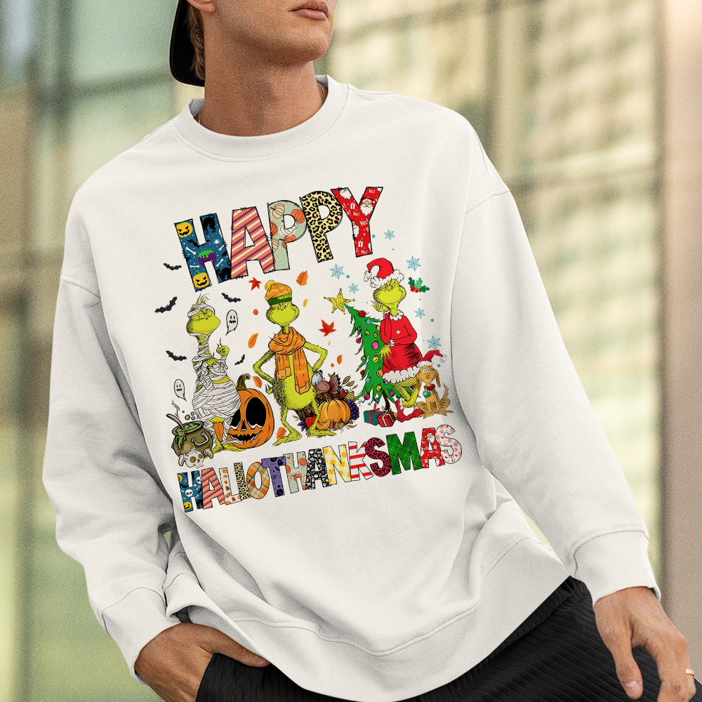 Happy HalloThanksMas Grumbly Green Sweatshirt