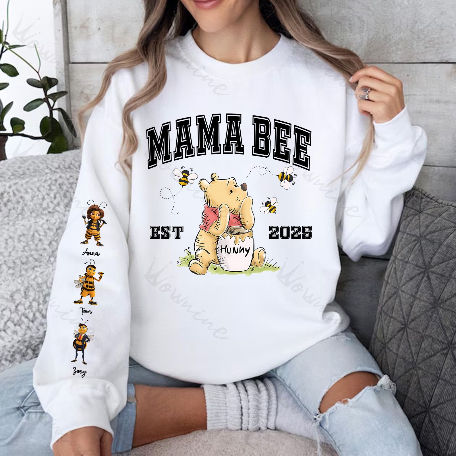 Custom Mama Bee Sweatshirt, Mama Est with Kid Name on Sleeve Sweatshirt