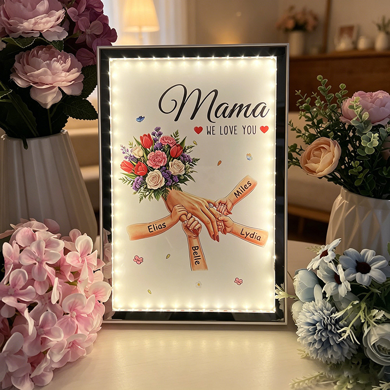 Personalized Mommy and Children Hold Hands Flower Mirror Light Box