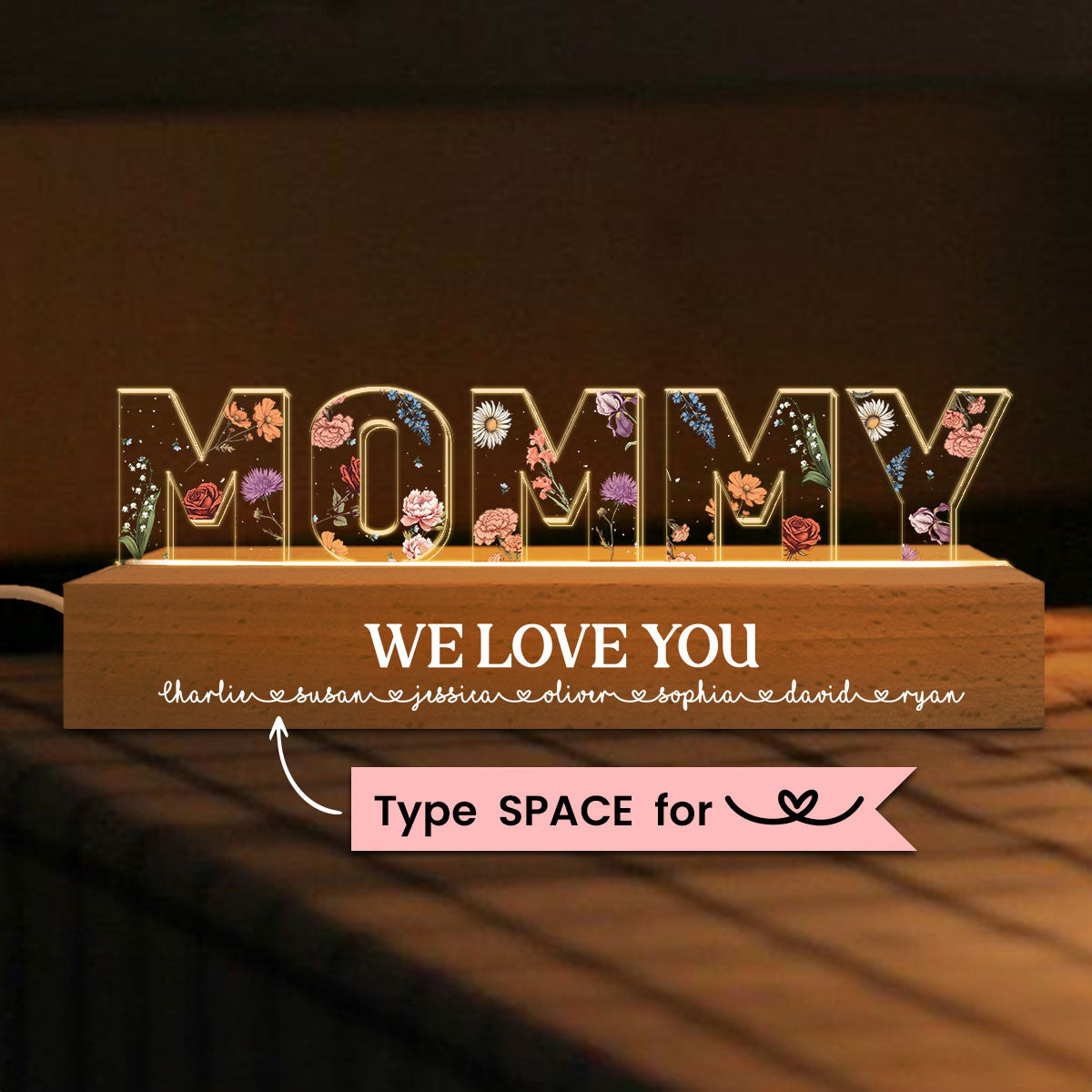 Custom Flower Printed LED Night Light, Birth Month Flower, Gift For Mom, Gift For Grandma