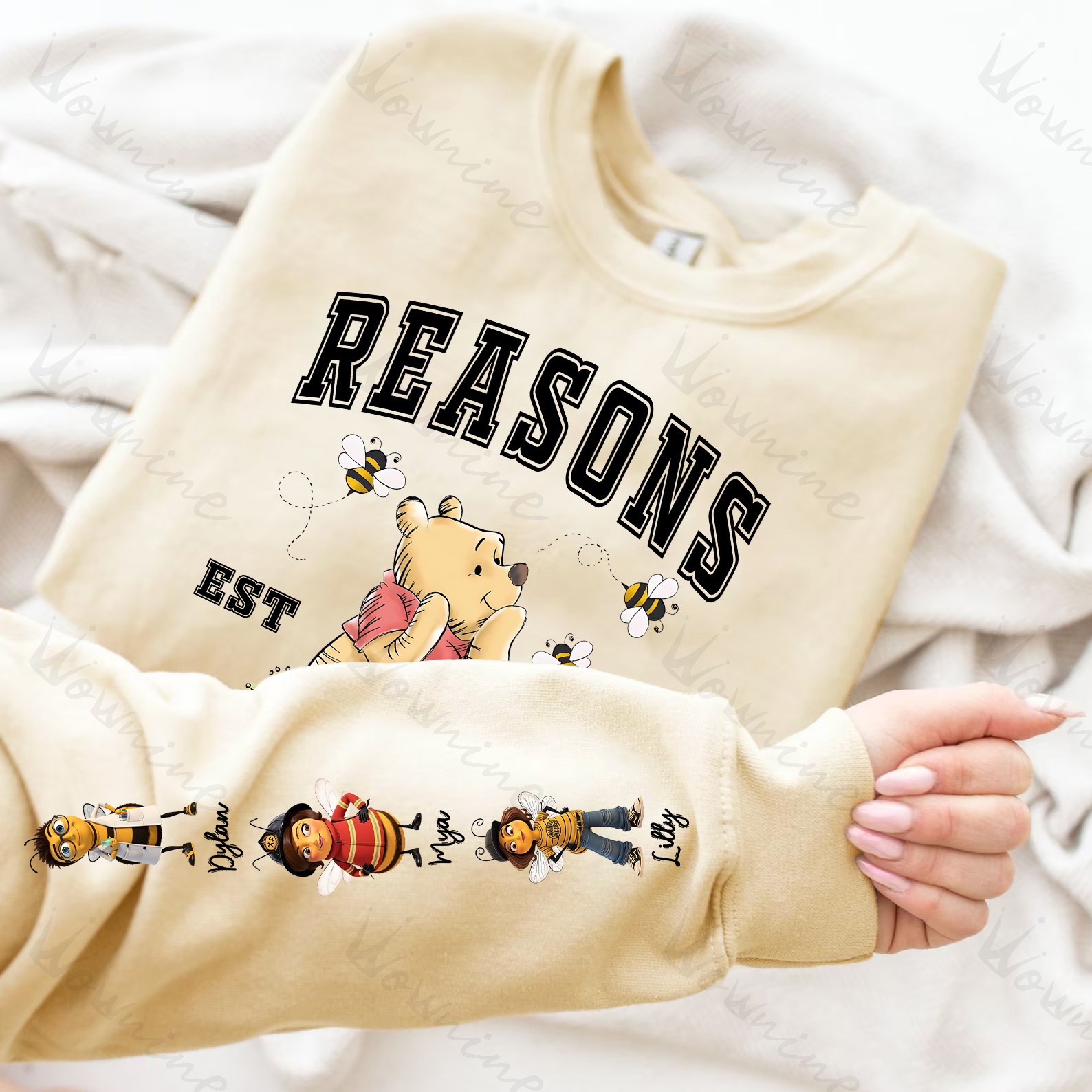Custom Mama Bee Sweatshirt, Mama Est with Kid Name on Sleeve Sweatshirt
