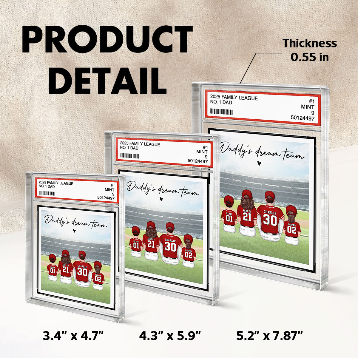 Baseball No. 1 Dad Man & Kids Sitting Trading Card Style Personalized Acrylic Block Plaque