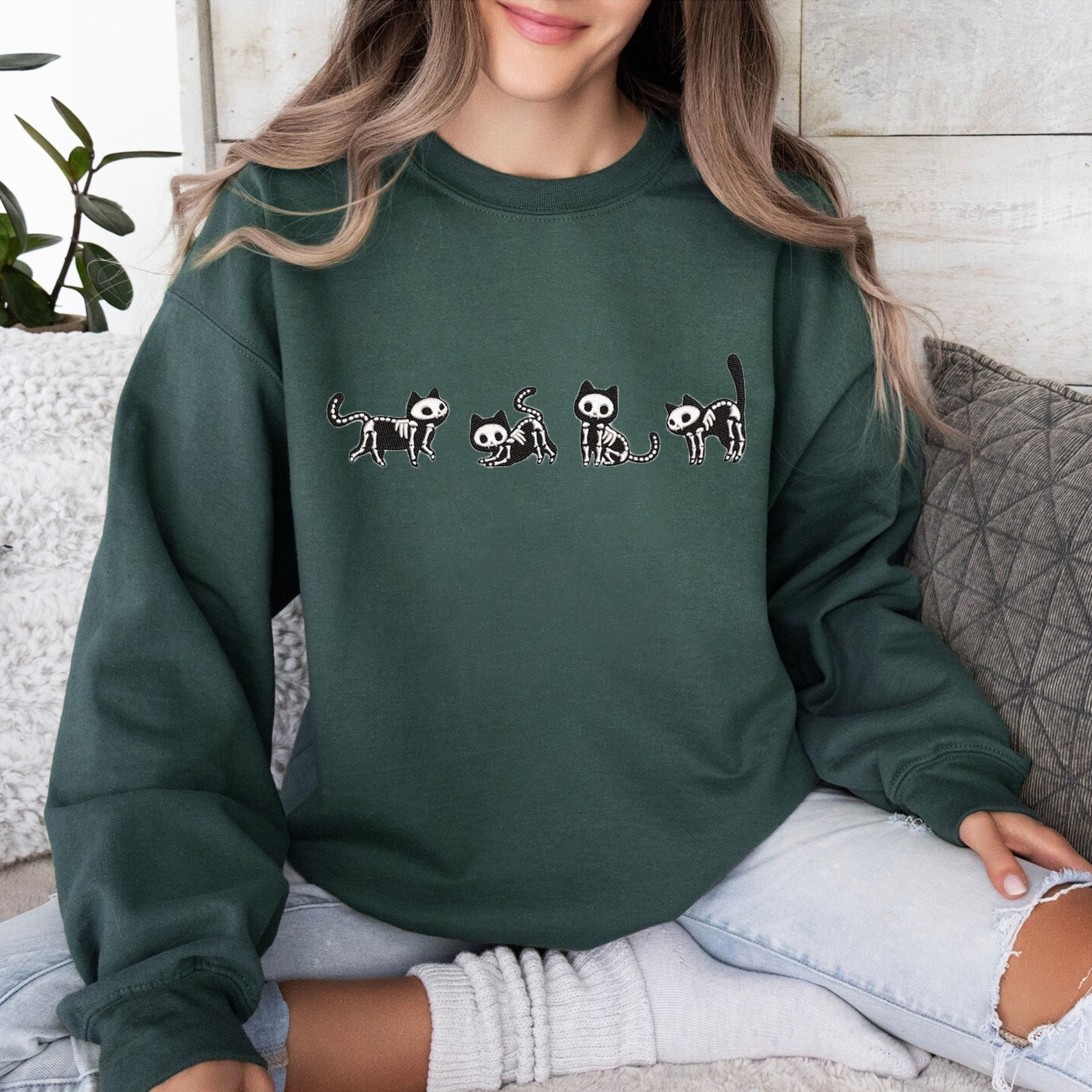Skeleton Kitten Halloween Embroidered Sweatshirt