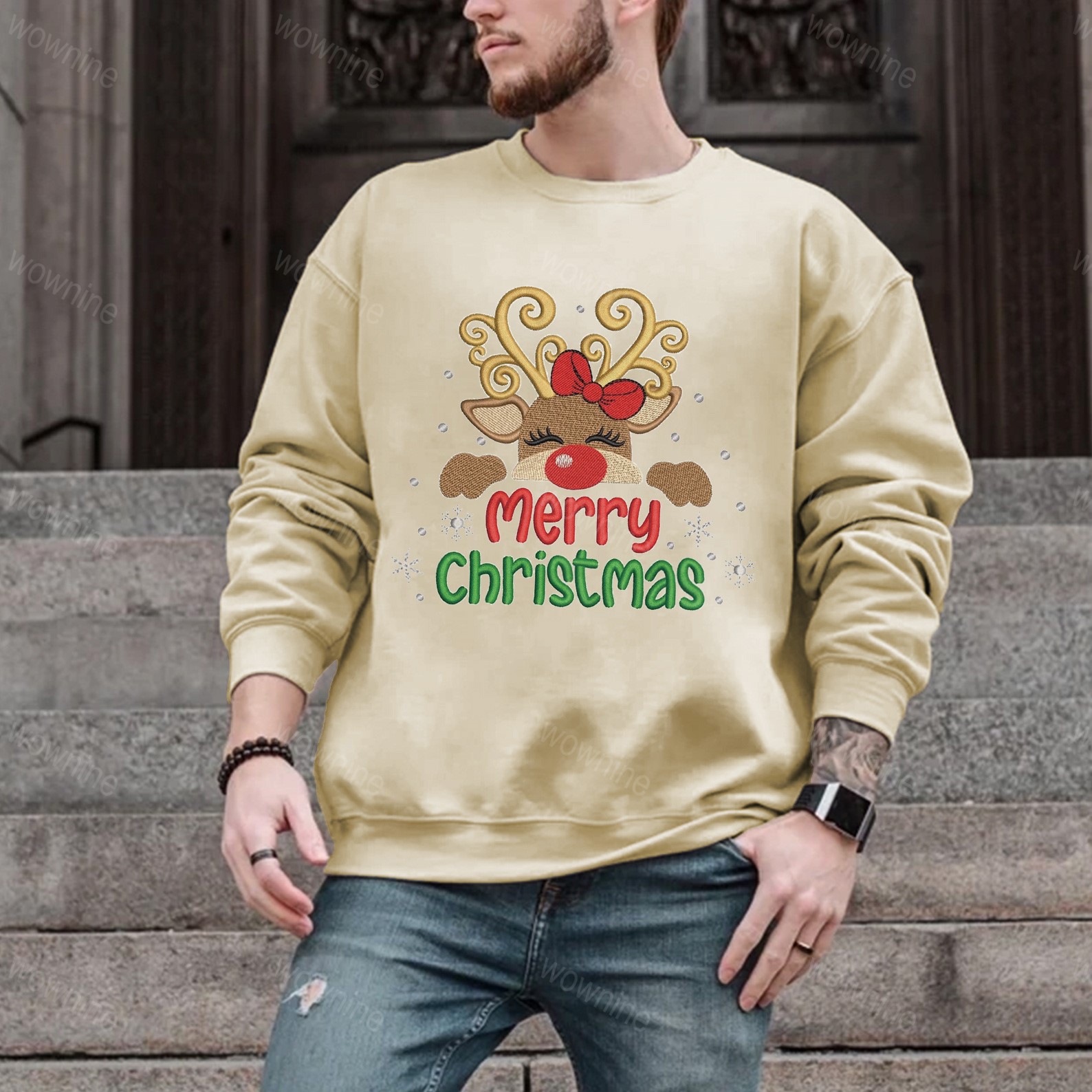 Vintage Christmas doodles Embroidered Sweatshirt, Santa Retro Christmas, Winter Sweater