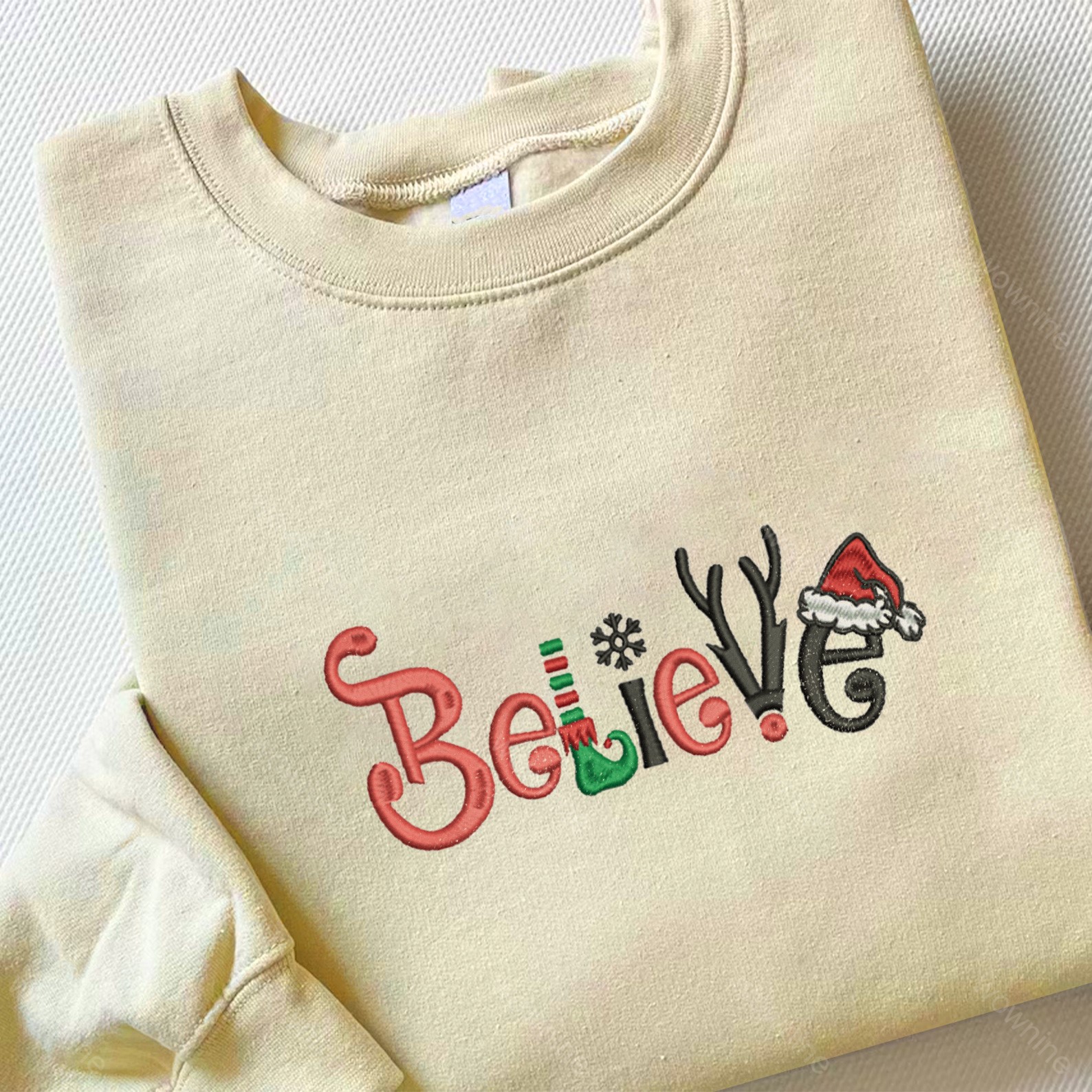 Christmas Sweatshirt Embroidered Believe Santa Cozy Holiday Crewneck Sweater