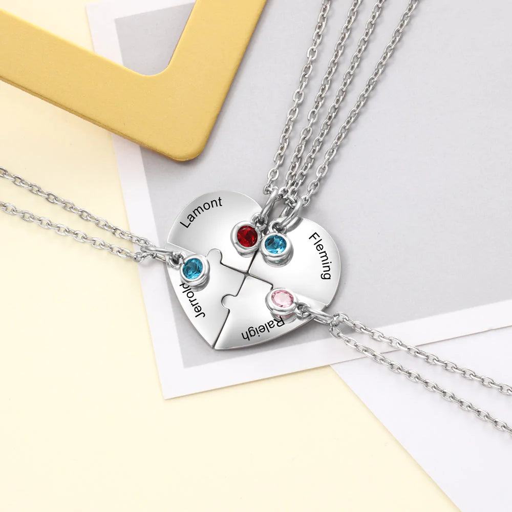Custom Heart Pendant Puzzle Necklace with Birthstone