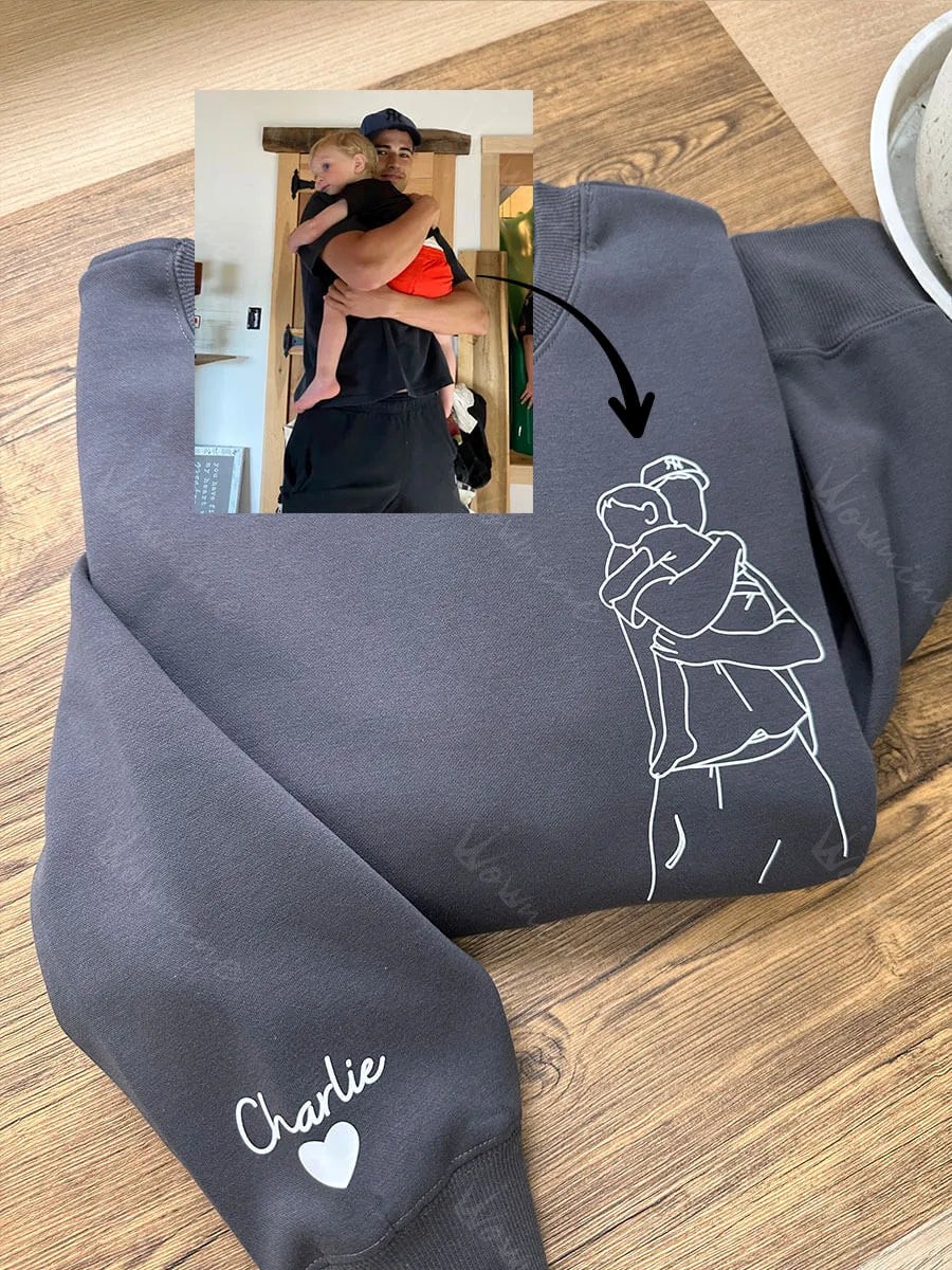 Dad Line Art Tribute Sweatshirt with Kid's Name on Sleeve