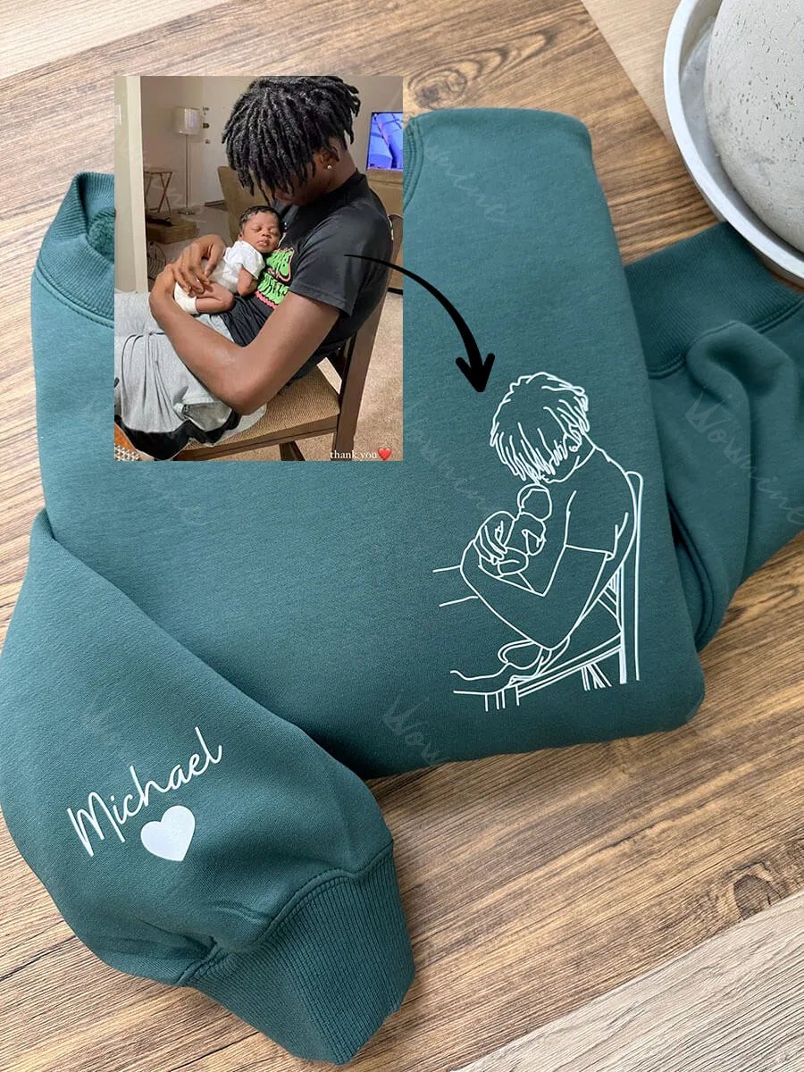 Dad Line Art Tribute Sweatshirt with Kid's Name on Sleeve