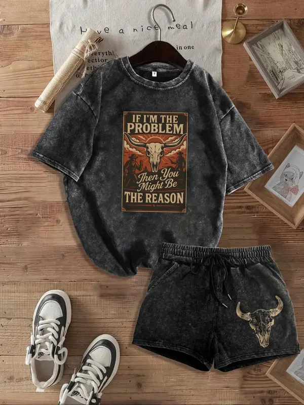 “Retro Rebel” Western Skull Graphic Tee & Shorts Set