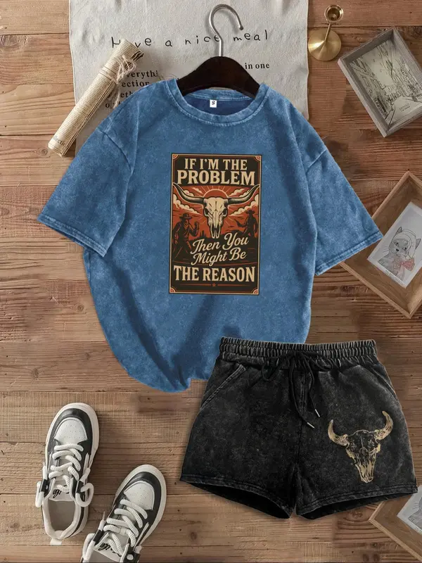 “Retro Rebel” Western Skull Graphic Tee & Shorts Set