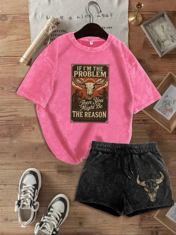 “Retro Rebel” Western Skull Graphic Tee & Shorts Set