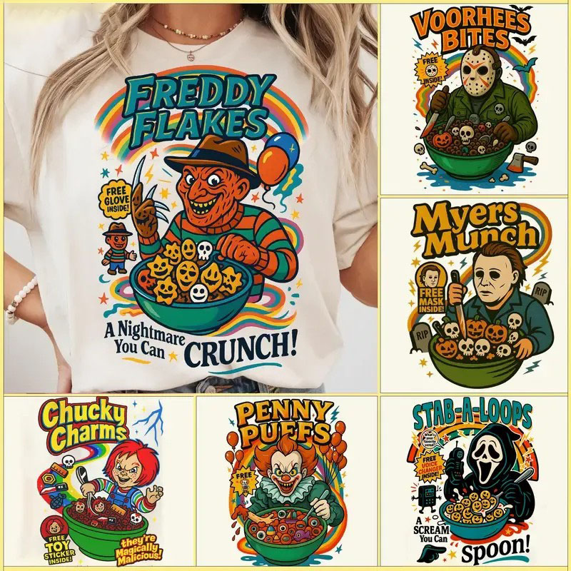 “Horror Cereal Meme” Retro Horror Character Tees