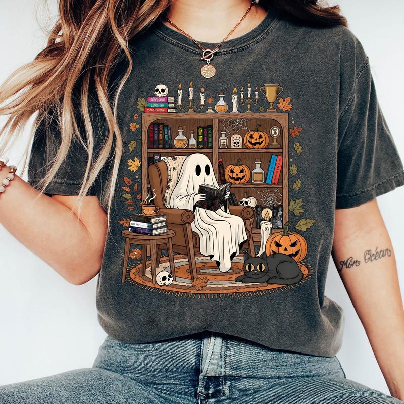 “Cozy Ghost Bookworm” Vintage Halloween Tee