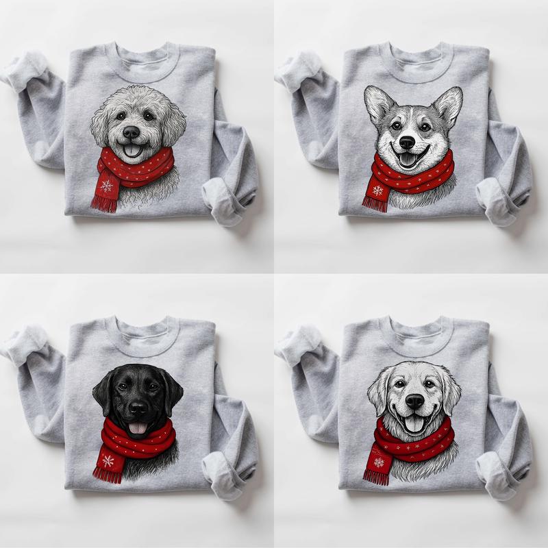Custom Pet Portrait Christmas Sweatshirt - Personalized Dog/Cat Holiday Apparel with Red Scarf Design