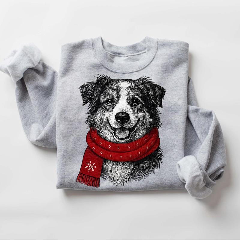 Custom Pet Portrait Christmas Sweatshirt - Personalized Dog/Cat Holiday Apparel with Red Scarf Design
