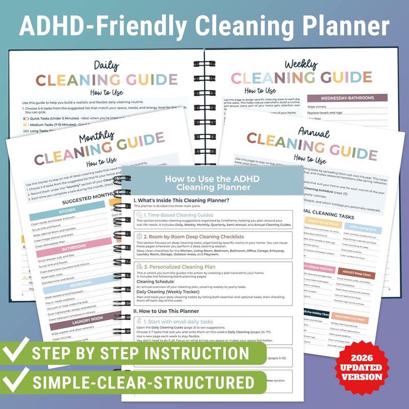 2026 version ADHD Cleaning Planner - Daily, Weekly & Monthly Household Cleaning Checklist