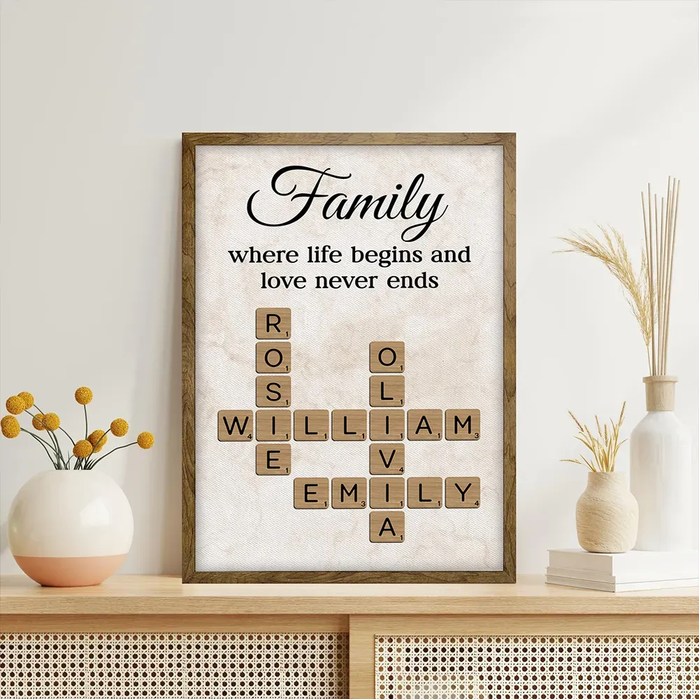 Family Where Life Begins and Love Never Ends Crossword Personalised Poster
