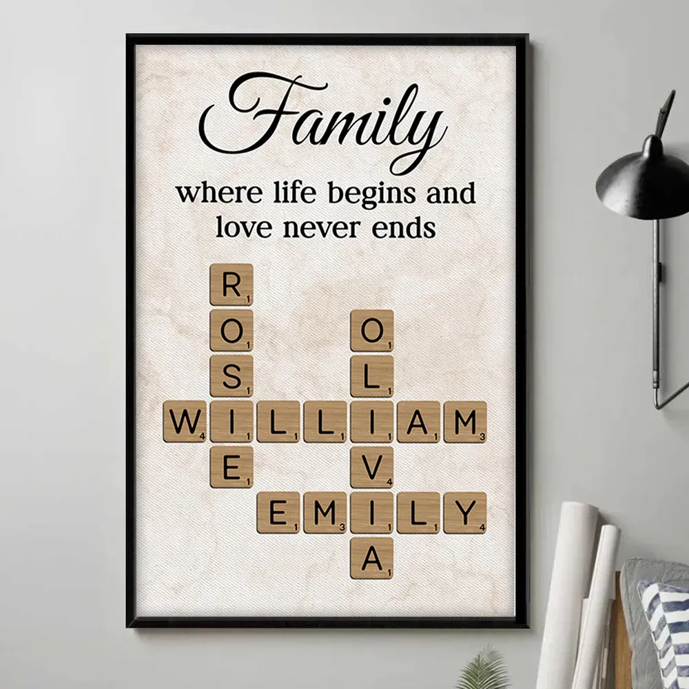 Family Where Life Begins and Love Never Ends Crossword Personalised Poster