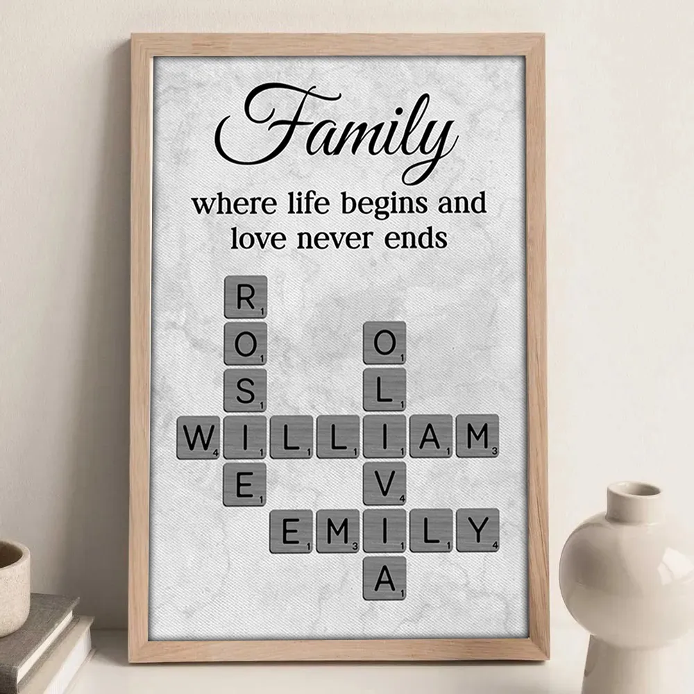 Family Where Life Begins and Love Never Ends Crossword Personalised Poster