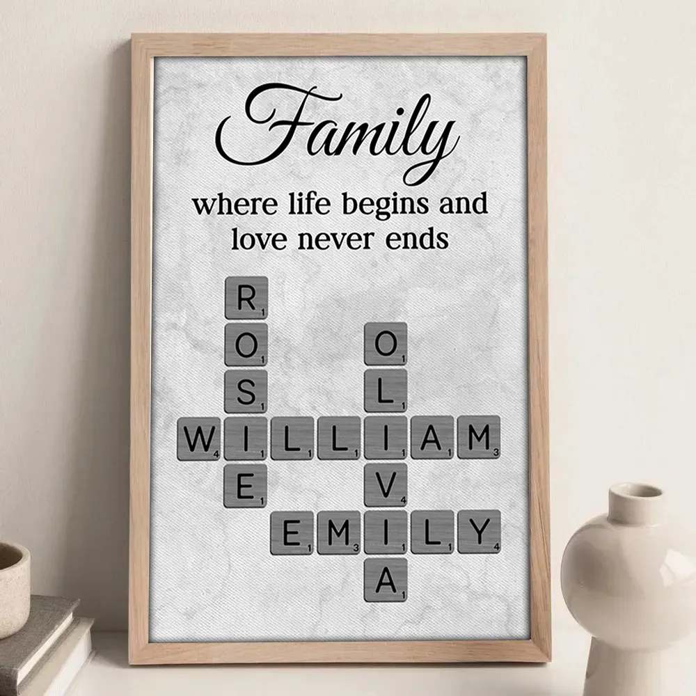 Family Where Life Begins and Love Never Ends Crossword Personalised Poster