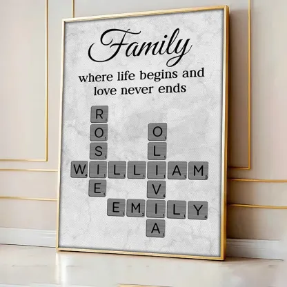 Family Where Life Begins and Love Never Ends Crossword Personalised Poster