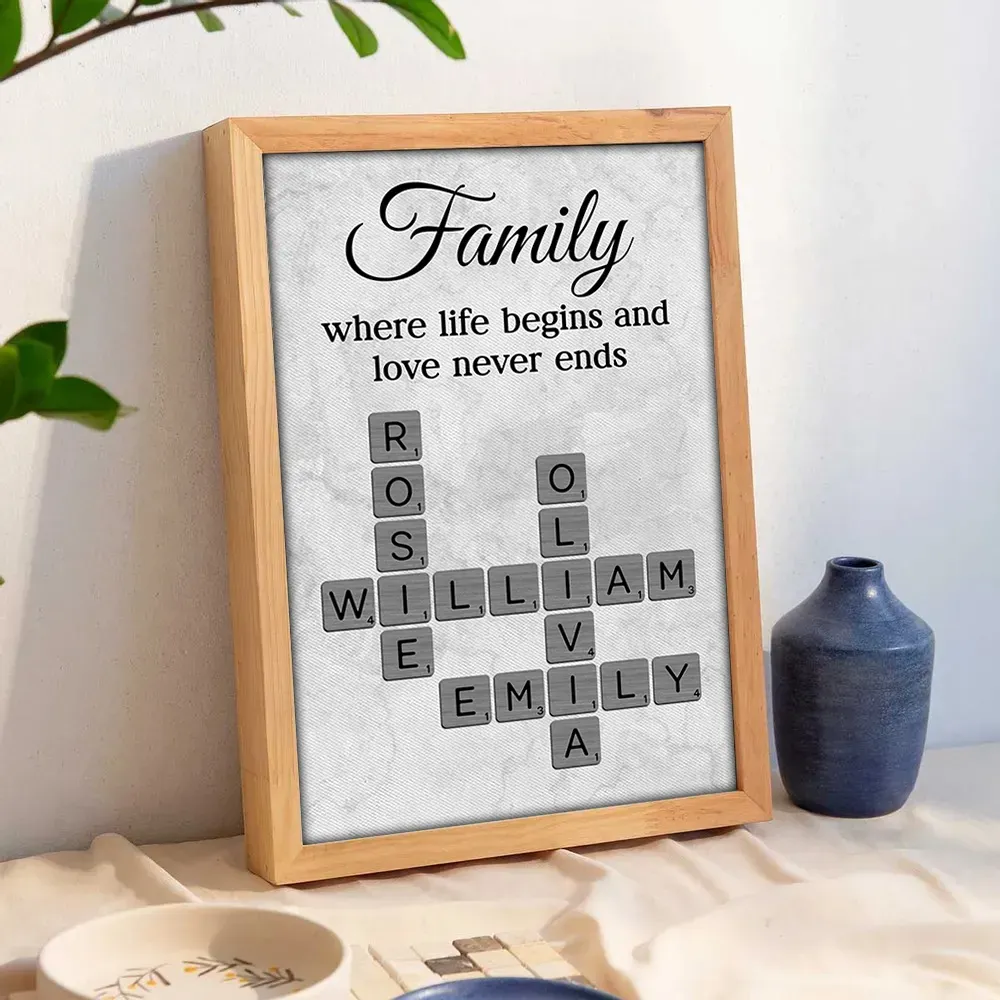 Family Where Life Begins and Love Never Ends Crossword Personalised Poster