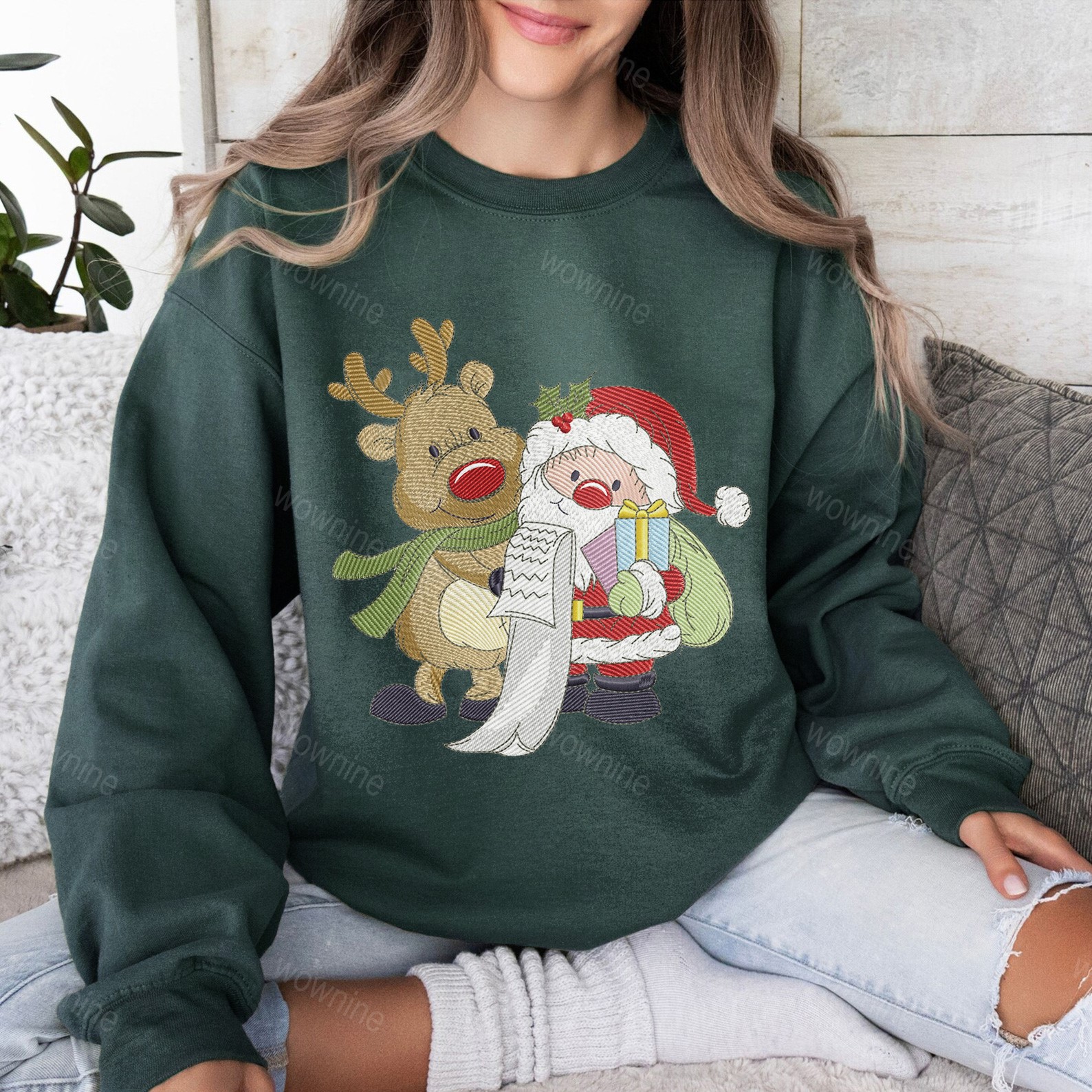 Merry Christmas Embroidered Sweatshirt, Santa Snowman Reindeer Crewneck, Christmas Tree Outfit, Womens Holiday Santa Sweater