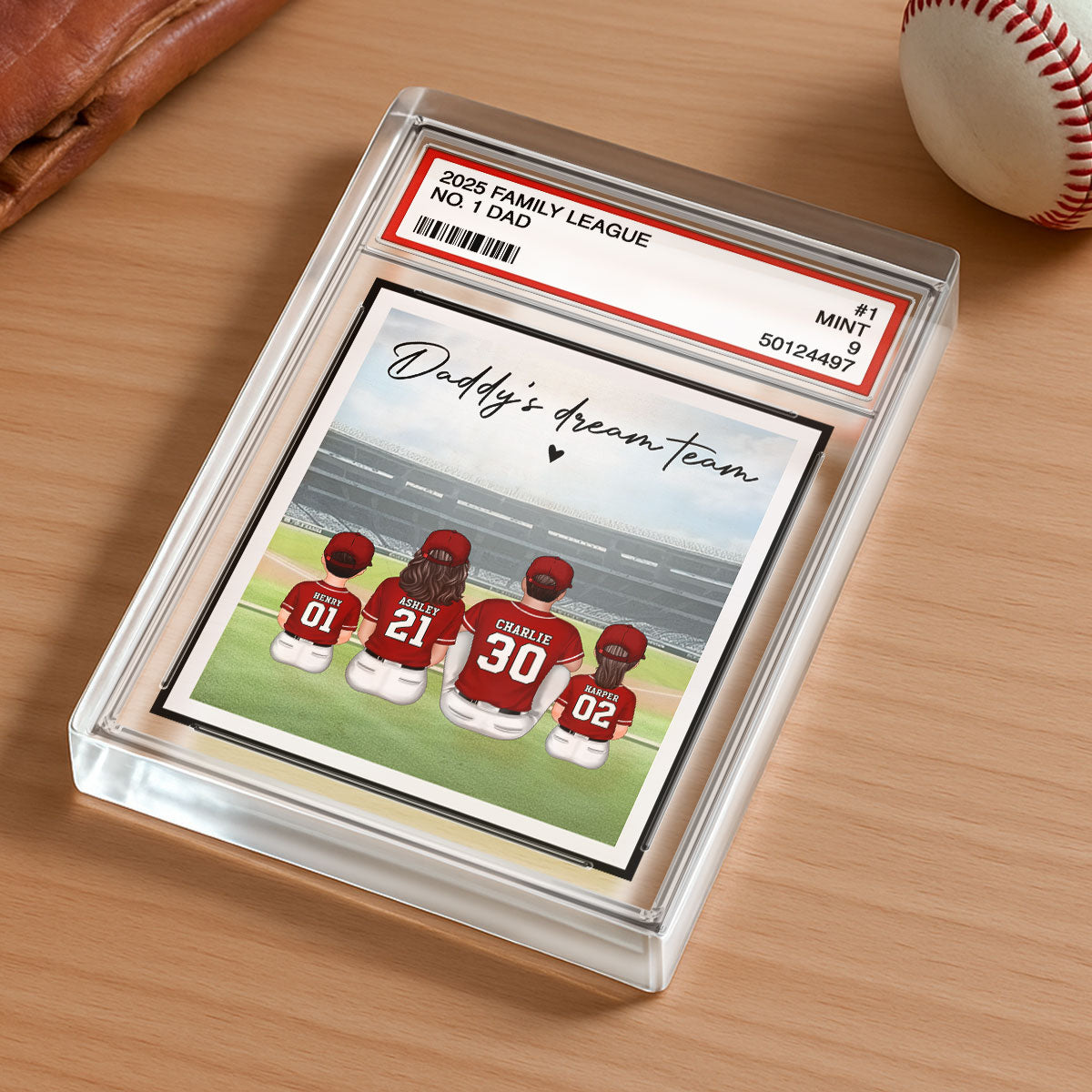 Baseball No. 1 Dad Man & Kids Sitting Trading Card Style Personalized Acrylic Block Plaque