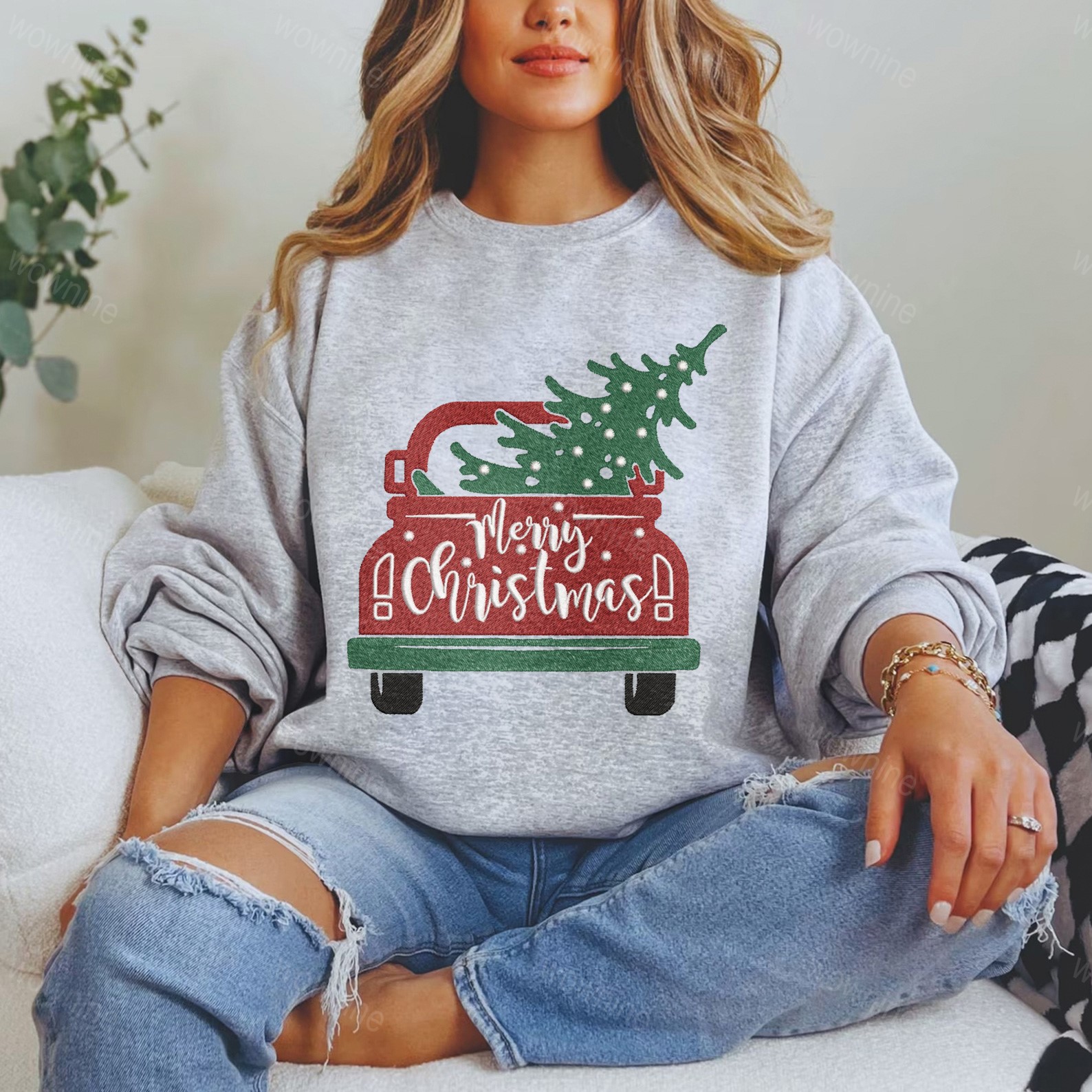 Merry Christmas Car Embroidered Sweatshirt, Merry Christmas Sweatshirt, Christmas Party Gift, Holiday Sweater