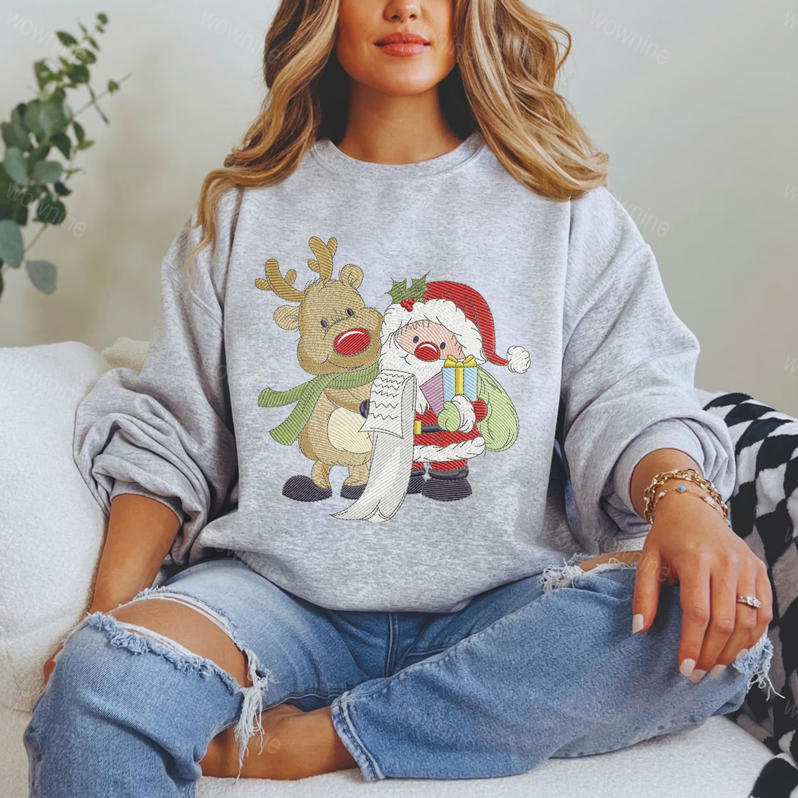 Merry Christmas Embroidered Sweatshirt, Santa Snowman Reindeer Crewneck, Christmas Tree Outfit, Womens Holiday Santa Sweater