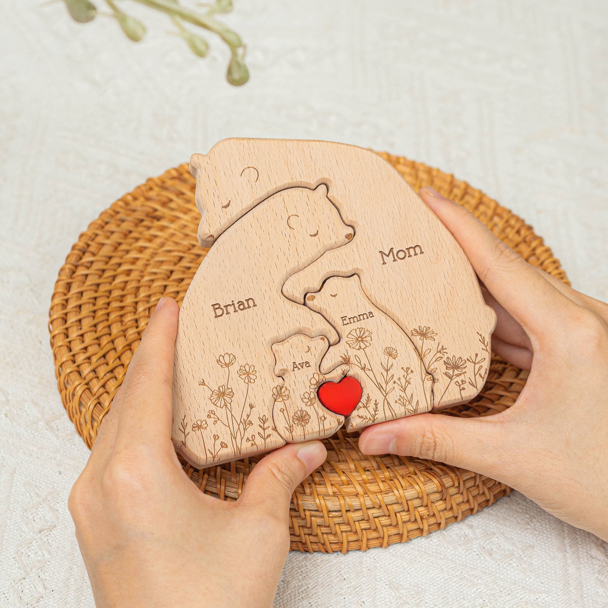 Hugging Bear Family Floral Custom Wooden Puzzle