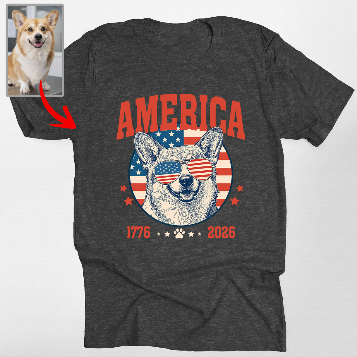Personalized Dog America 1776–2026 T-Shirt – Custom Patriotic Pet Portrait Tee