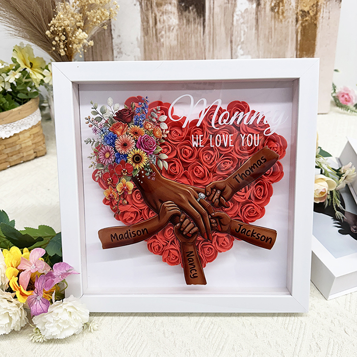 Personalized Mommy and Children Holding Hands Flower Shadow Box