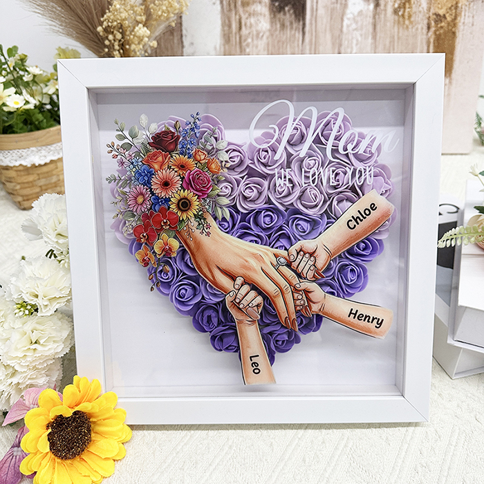 Personalized Mommy and Children Holding Hands Flower Shadow Box
